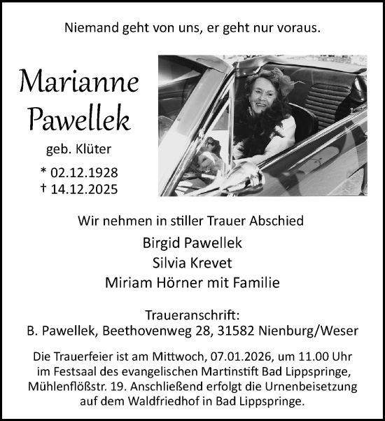 Traueranzeige von Marianne Pawellek von Neue Westfälische und Westfalen-Blatt