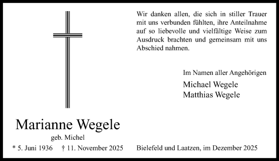Traueranzeige von Marianne Wegele von Neue Westfälische und Westfalen-Blatt