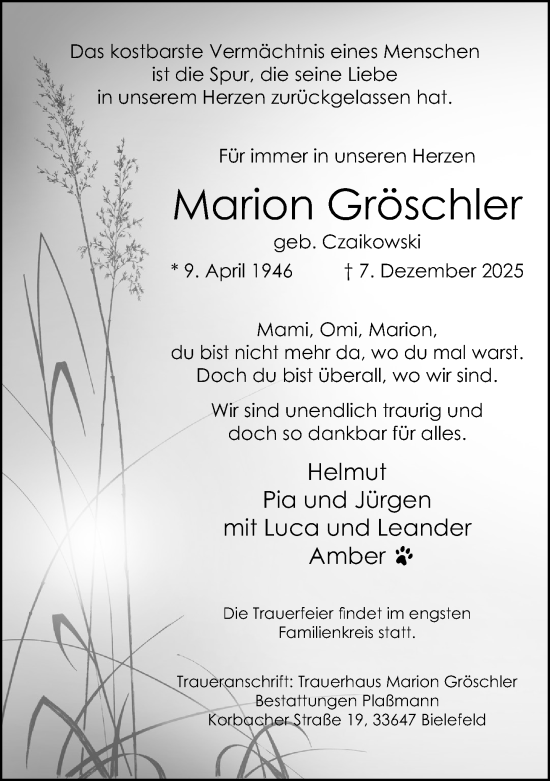 Traueranzeige von Marion Gröschler von Neue Westfälische und Westfalen-Blatt