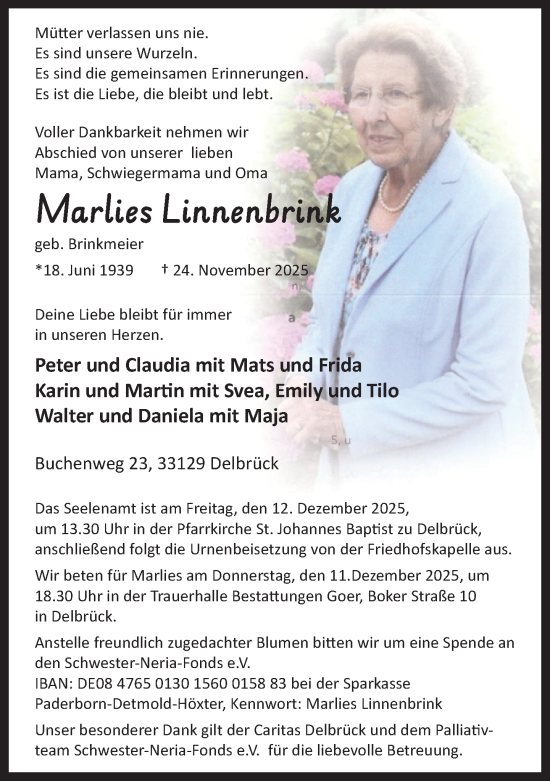 Traueranzeige von Marlies Linnenbrink von Neue Westfälische und Westfalen-Blatt