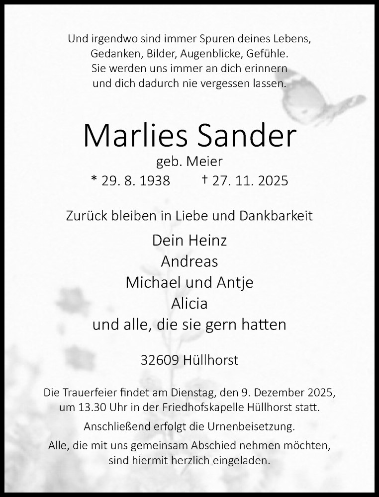  Traueranzeige für Marlies Sander vom 03.12.2025 aus Neue Westfälische und Westfalen-Blatt
