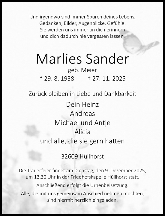 Traueranzeige von Marlies Sander von Neue Westfälische und Westfalen-Blatt