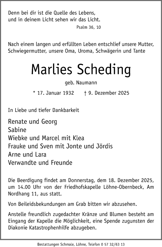 Traueranzeige von Marlies Scheding von Neue Westfälische und Westfalen-Blatt