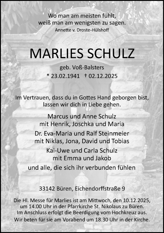 Traueranzeige von Marlies Schulz von Neue Westfälische und Westfalen-Blatt