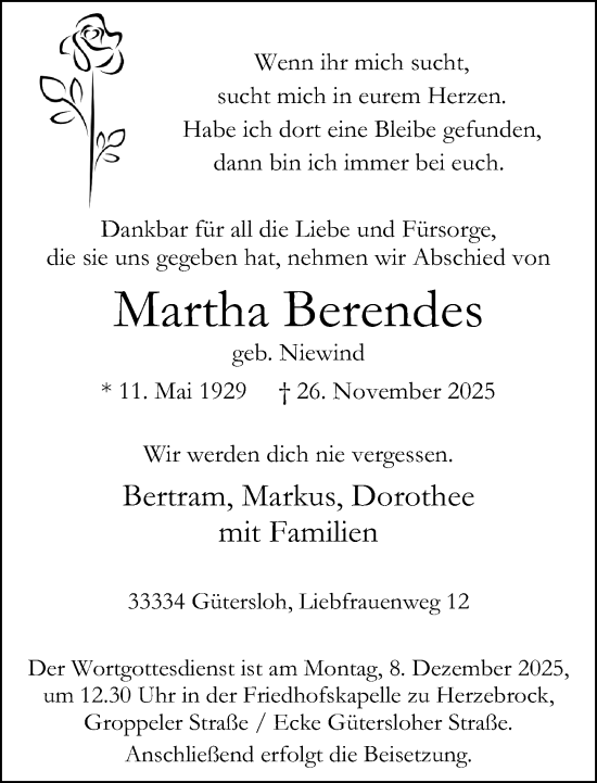 Traueranzeige von Martha Berendes von Neue Westfälische und Westfalen-Blatt