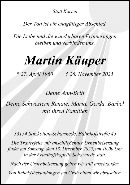 Traueranzeige von Martin Käuper von Neue Westfälische und Westfalen-Blatt