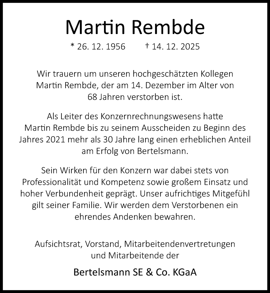  Traueranzeige für Martin Rembde vom 20.12.2025 aus Neue Westfälische und Westfalen-Blatt
