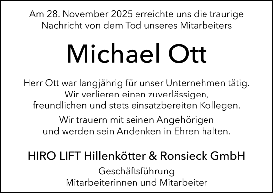 Traueranzeige von Michael Ott von Neue Westfälische und Westfalen-Blatt