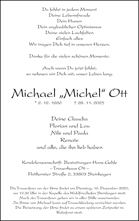 Traueranzeige von Michael Ott von Neue Westfälische und Westfalen-Blatt