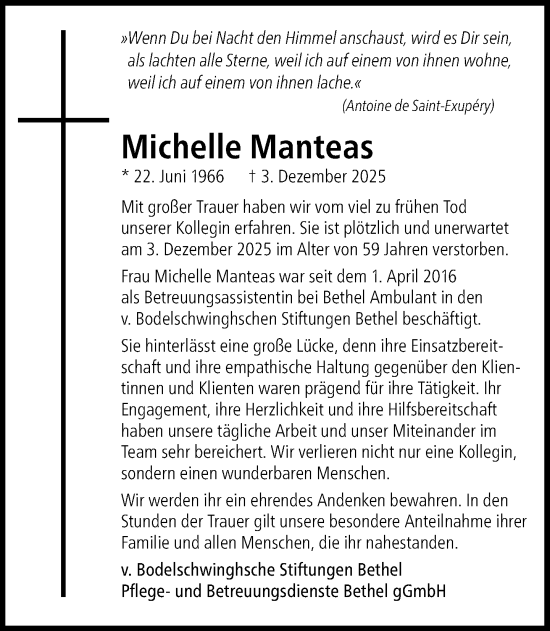Traueranzeige von Michelle Manteas von Neue Westfälische und Westfalen-Blatt