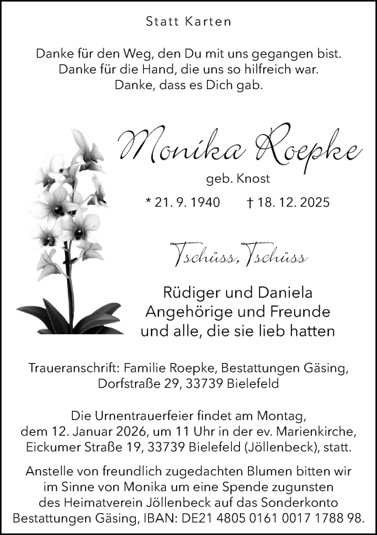 Traueranzeige von Monika Roepke von Neue Westfälische und Westfalen-Blatt