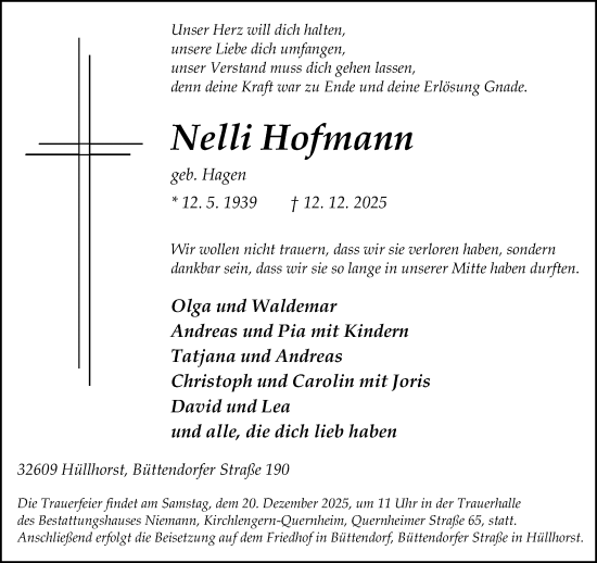 Traueranzeige von Nelli Hofmann von Neue Westfälische und Westfalen-Blatt