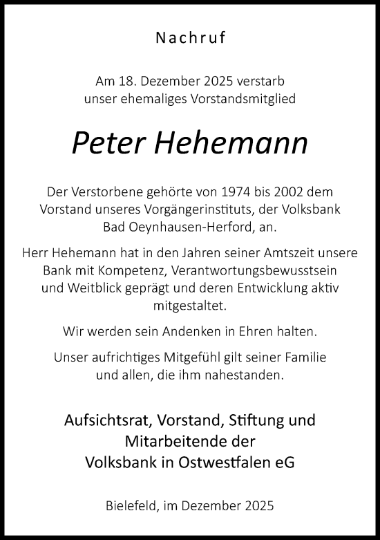 Traueranzeige von Peter Hehemann von Neue Westfälische und Westfalen-Blatt