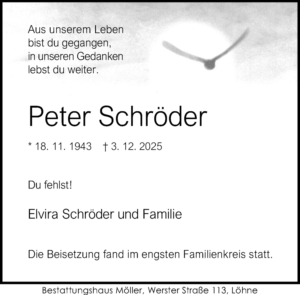  Traueranzeige für Peter Schröder vom 20.12.2025 aus Neue Westfälische und Westfalen-Blatt