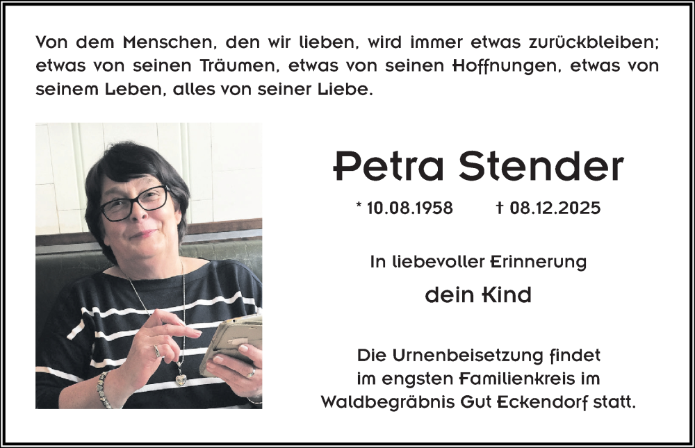  Traueranzeige für Petra Stender vom 24.12.2025 aus Neue Westfälische und Westfalen-Blatt
