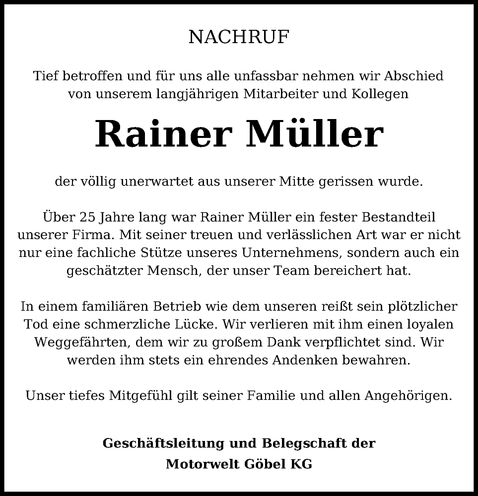 Traueranzeige für Rainer Müller vom 19.12.2025 aus Neue Westfälische und Westfalen-Blatt