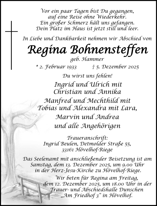 Traueranzeige von Regina Bohnensteffen von Neue Westfälische und Westfalen-Blatt