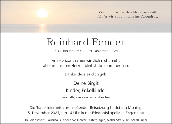 Traueranzeige von Reinhard Fender von Neue Westfälische und Westfalen-Blatt