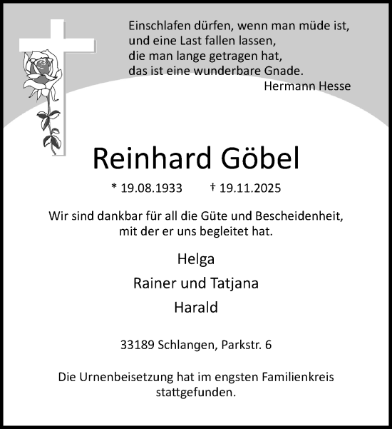 Traueranzeige von Reinhard Göbel von Neue Westfälische und Westfalen-Blatt
