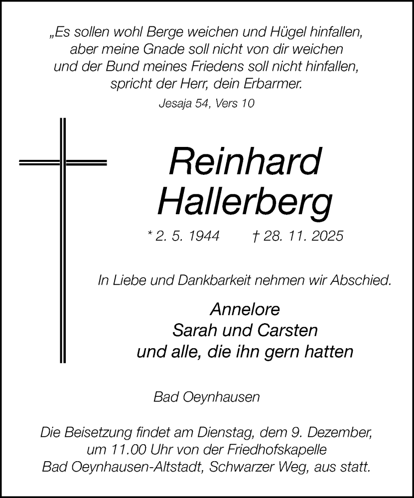  Traueranzeige für Reinhard Hallerberg vom 06.12.2025 aus Neue Westfälische und Westfalen-Blatt