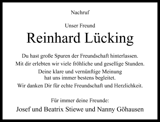 Traueranzeige von Reinhard Lücking von Neue Westfälische und Westfalen-Blatt