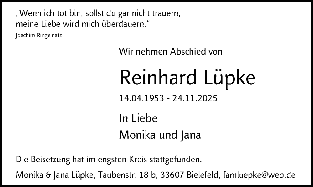  Traueranzeige für Reinhard Lüpke vom 06.12.2025 aus Neue Westfälische und Westfalen-Blatt
