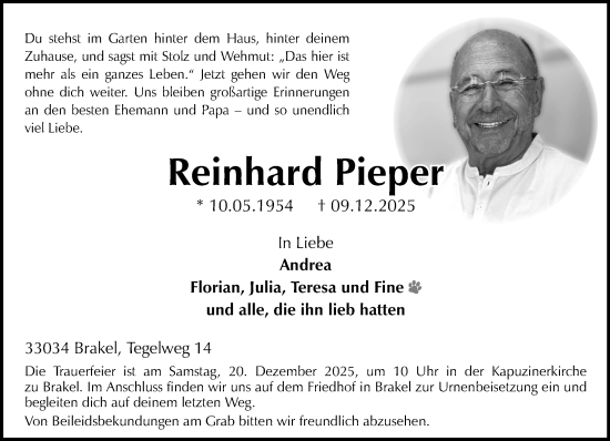 Traueranzeige von Reinhard Pieper von Neue Westfälische und Westfalen-Blatt