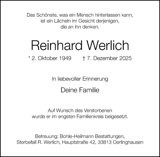 Traueranzeige von Reinhard Werlich von Neue Westfälische und Westfalen-Blatt