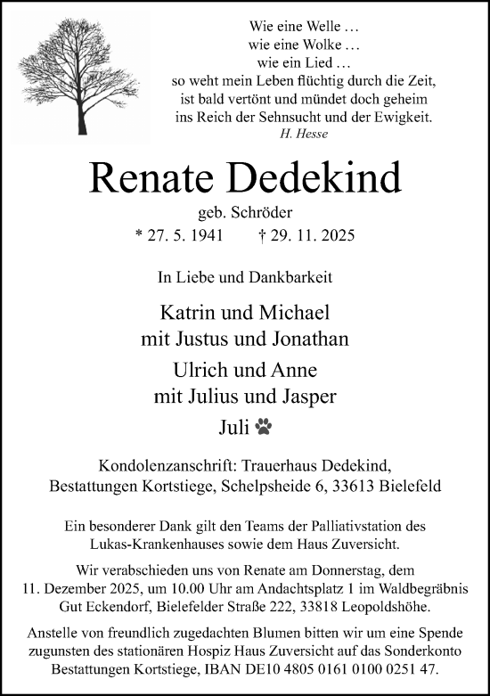 Traueranzeige von Renate Dedekind von Neue Westfälische und Westfalen-Blatt