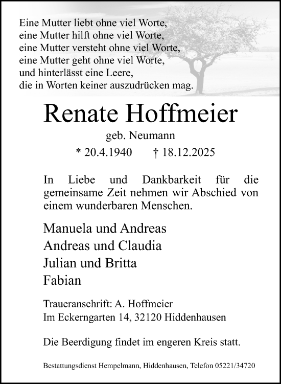 Traueranzeige von Renate Hoffmeier von Neue Westfälische und Westfalen-Blatt