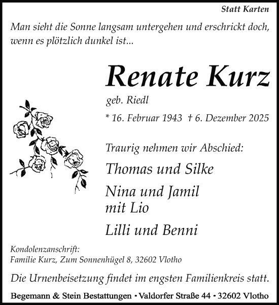 Traueranzeige von Renate Kurz von Neue Westfälische und Westfalen-Blatt