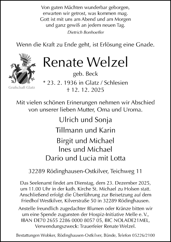 Traueranzeige von Renate Welzel von Neue Westfälische und Westfalen-Blatt