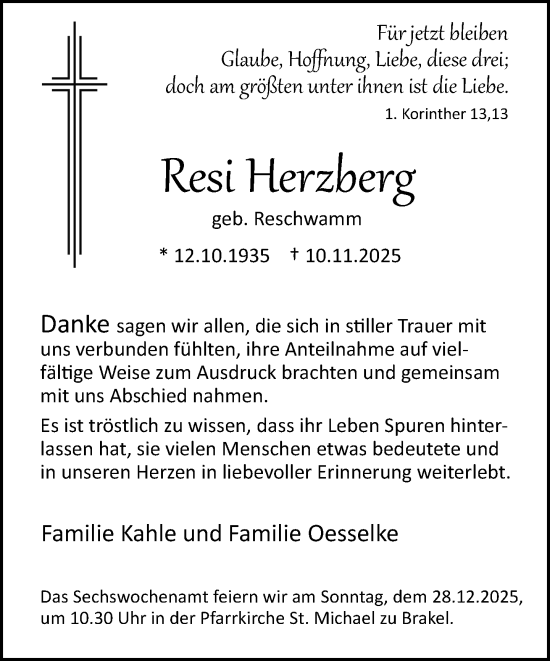 Traueranzeige von Resi Herzberg von Neue Westfälische und Westfalen-Blatt