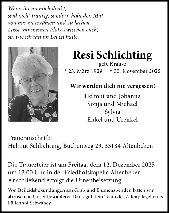 Traueranzeige von Resi Schlichting von Neue Westfälische und Westfalen-Blatt