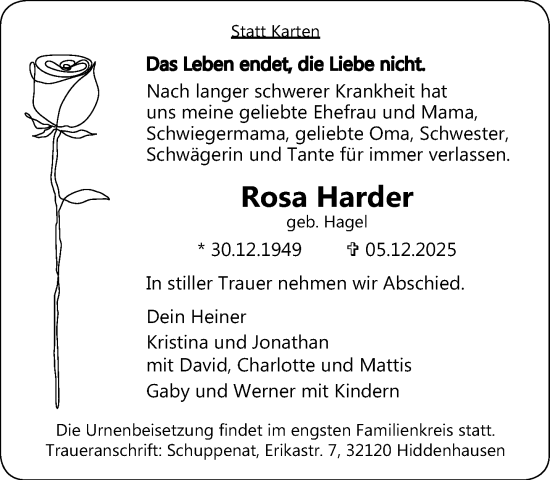 Traueranzeige von Rosa Harder von Neue Westfälische und Westfalen-Blatt