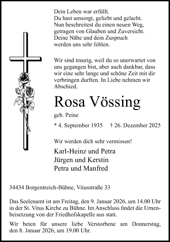 Traueranzeige von Rosa Vössing von Neue Westfälische und Westfalen-Blatt