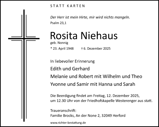 Traueranzeige von Rosita Niehaus von Neue Westfälische und Westfalen-Blatt
