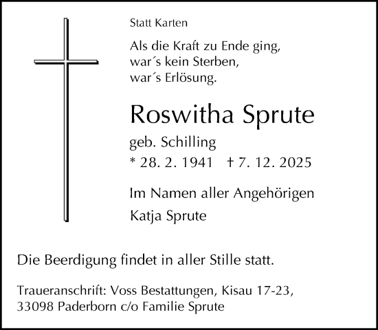 Traueranzeige von Roswitha Sprute von Neue Westfälische und Westfalen-Blatt