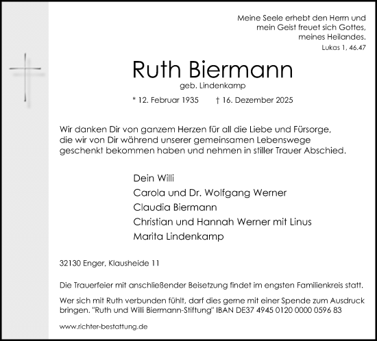 Traueranzeige von Ruth Biermann von Neue Westfälische und Westfalen-Blatt