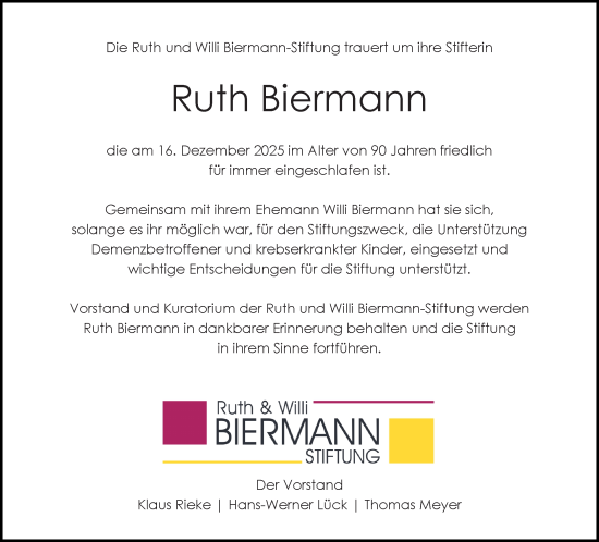 Traueranzeige von Ruth Biermann von Neue Westfälische und Westfalen-Blatt