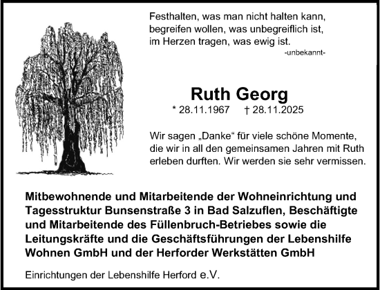 Traueranzeige von Ruth Georg von Neue Westfälische und Westfalen-Blatt