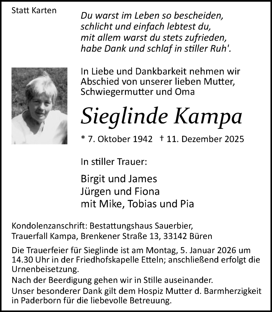  Traueranzeige für Sieglinde Kampa vom 20.12.2025 aus Neue Westfälische und Westfalen-Blatt