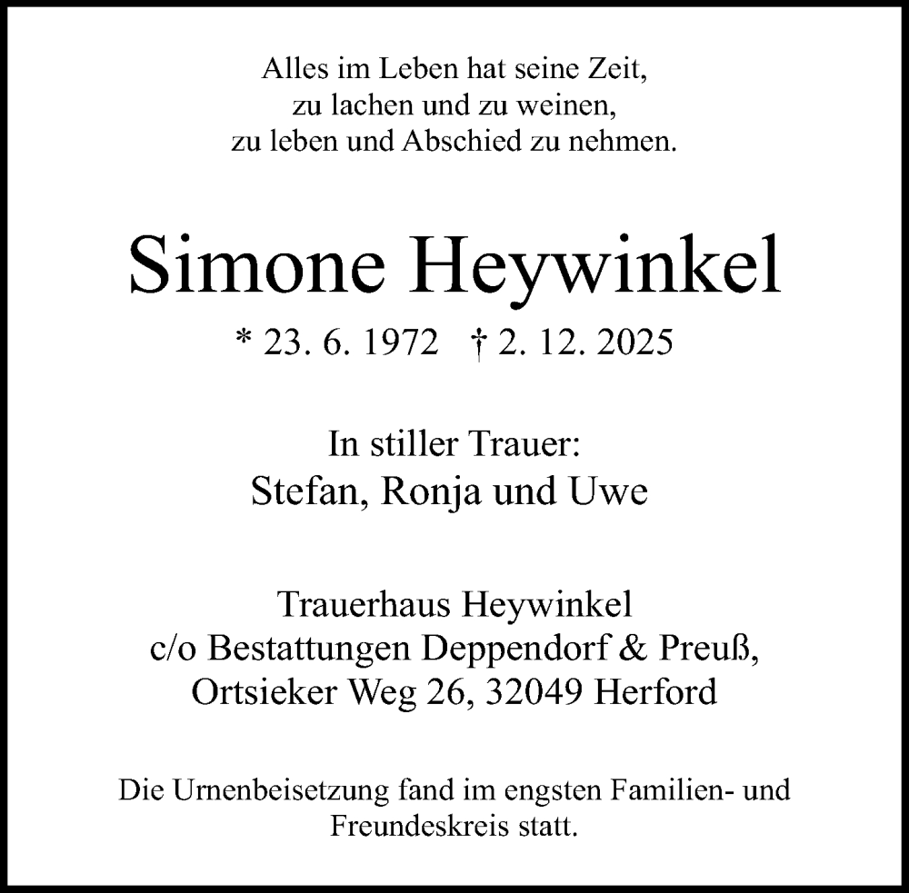  Traueranzeige für Simone Heywinkel vom 20.12.2025 aus Neue Westfälische und Westfalen-Blatt