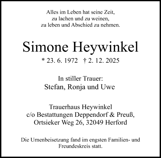 Traueranzeige von Simone Heywinkel von Neue Westfälische und Westfalen-Blatt
