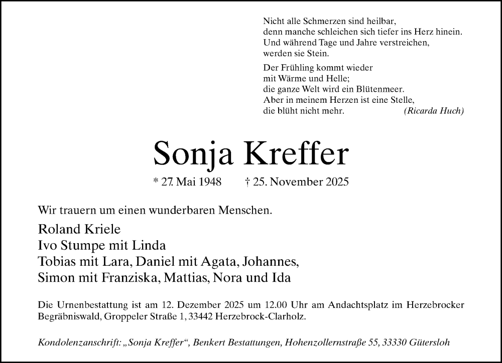  Traueranzeige für Sonja Kreffer vom 06.12.2025 aus Neue Westfälische und Westfalen-Blatt