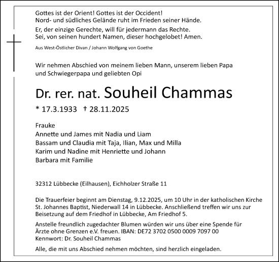 Traueranzeige von Souheil Chammas von Neue Westfälische und Westfalen-Blatt