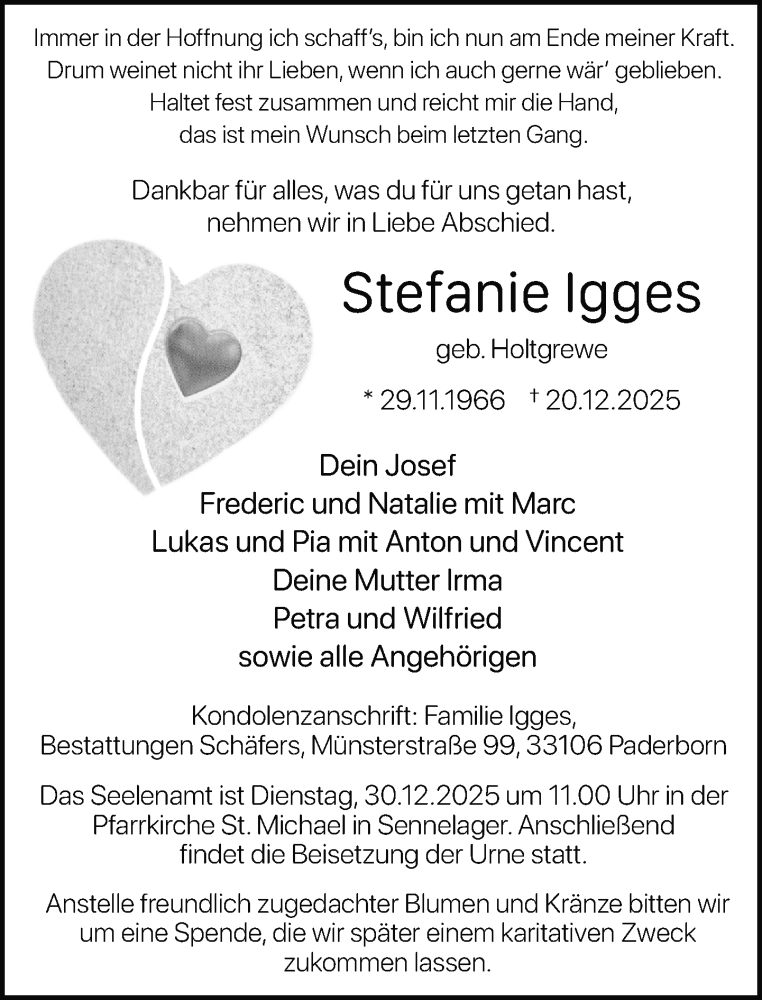  Traueranzeige für Stefanie Igges vom 27.12.2025 aus Neue Westfälische und Westfalen-Blatt