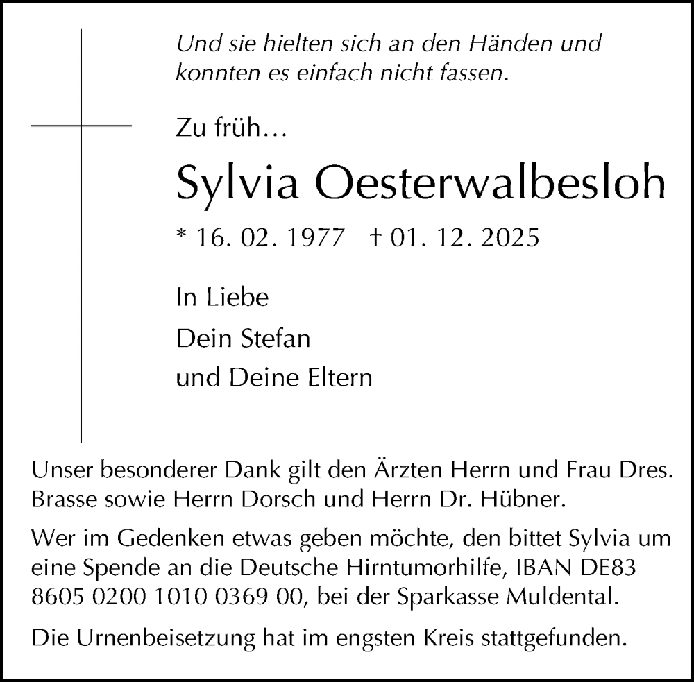  Traueranzeige für Sylvia Oesterwalbesloh vom 13.12.2025 aus Neue Westfälische und Westfalen-Blatt