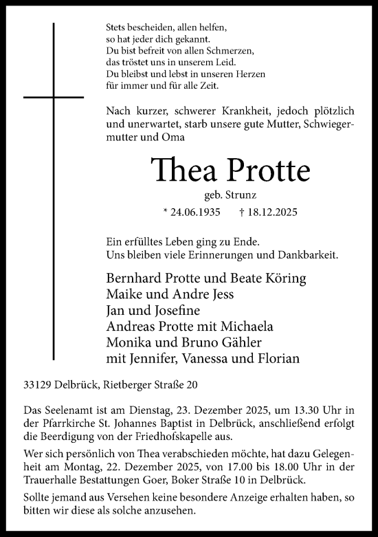Traueranzeige von Thea Protte von Neue Westfälische und Westfalen-Blatt