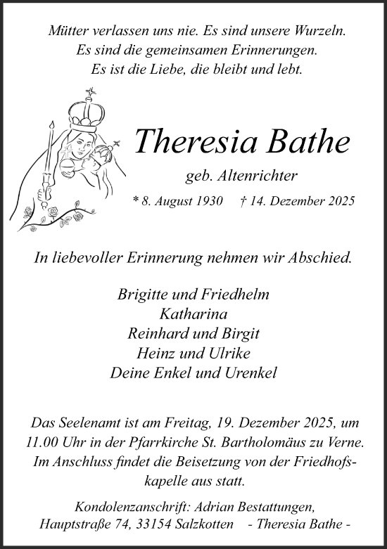 Traueranzeige von Theresia Bathe von Neue Westfälische und Westfalen-Blatt